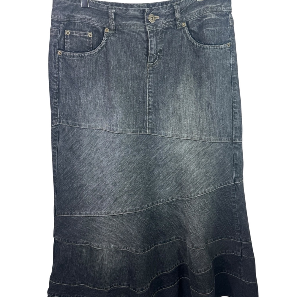 DKNY Y2K Denim Maxi Skirt Paneled Zig Zag Ruffle Mermaid Flare Boho Women's 12 - Picture 5 of 12